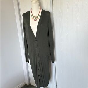 Long Olive Green Button-Up Cardigan